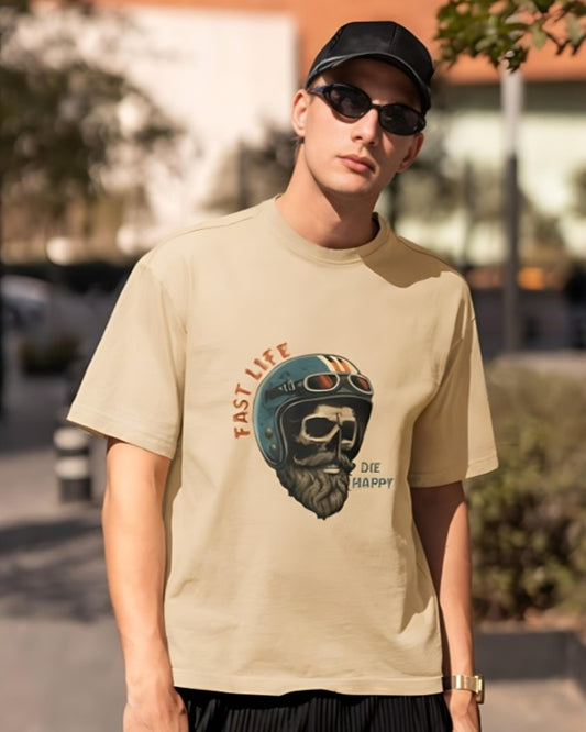 Fast Life | Die Happy - Oversized Tee - Beige